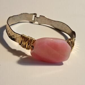 Handmade Faceted Pink Stone Hammered Brass and Wire Cuff Bracelet 7"